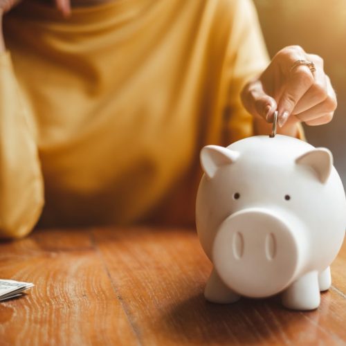 woman hand putting money coin into piggy for saving money wealth and financial concept.